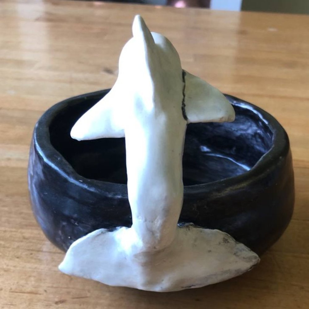 Ceramic Pottery Bowl with handle Dolphin